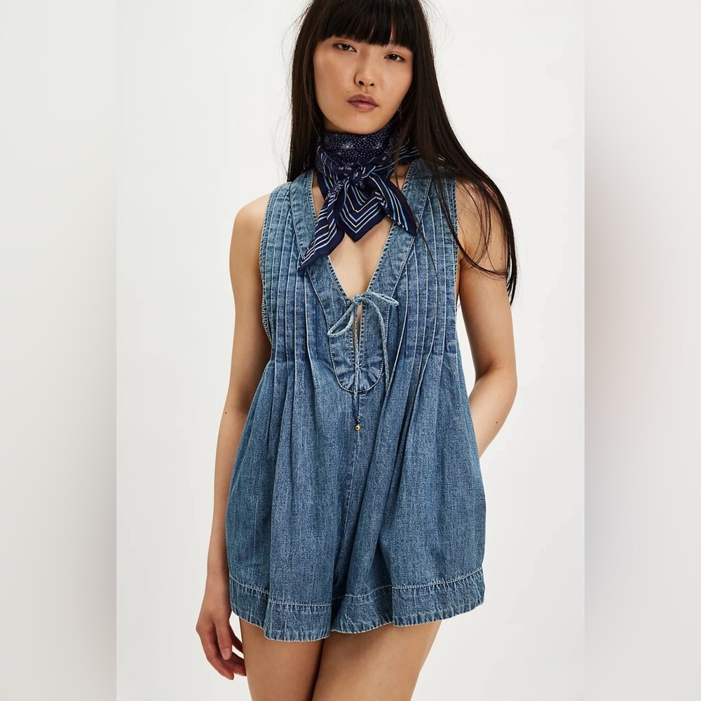 Free People Webster Denim Romper, Falling Rain Wash, Large, Medium Blue